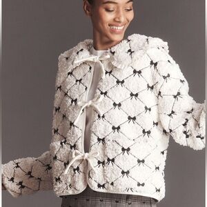 Mable by Anthropologie Bow-embroidered Tie Front Sherpa Fleece Jacket NWT